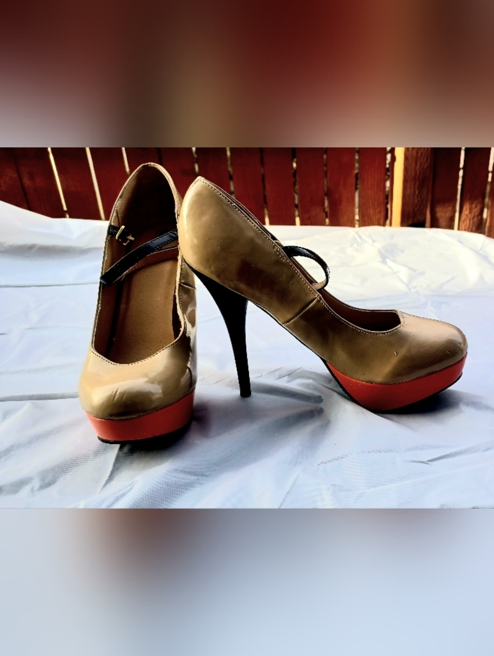 Messika Tan Mary Jane Pumps with Orange Platform and Black Stiletto